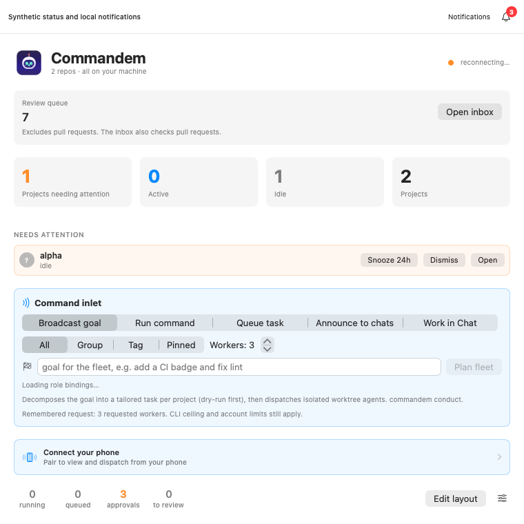 Commandem Home component with synthetic data: review queue 7, one project needing attention and three local notifications